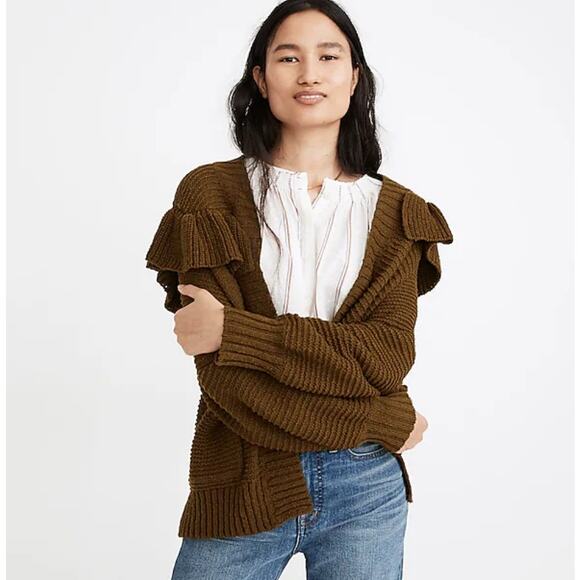 MADEWELL Chunky Ruffle Cardigan Sweater Golden Spinach Olive Green {LL27}